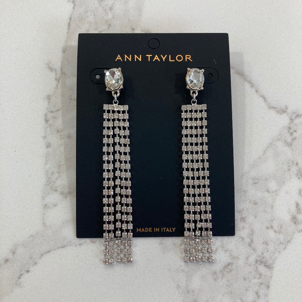 Ann Taylor Silver Rhinestone Crystal Dangle Strand Earrings 20$